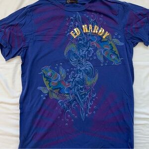 Vintage Y2K Ed Hardy Blue Fish Betta Koi Graphic Tee